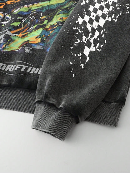 Men's Washed Vintage Car & Fire Graphic Y2K Hoodie