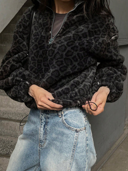 Casual Leopard Print Fleece Hoodie