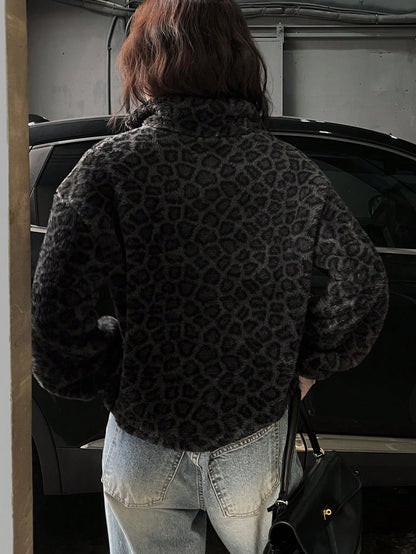 Casual Leopard Print Fleece Hoodie