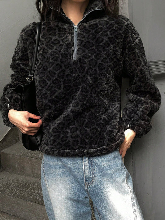Casual Leopard Print Fleece Hoodie