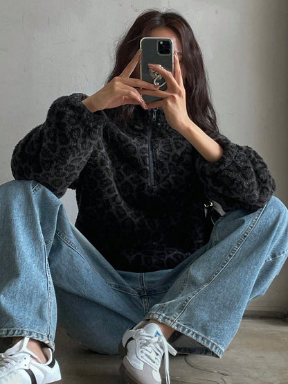 Casual Leopard Print Fleece Hoodie