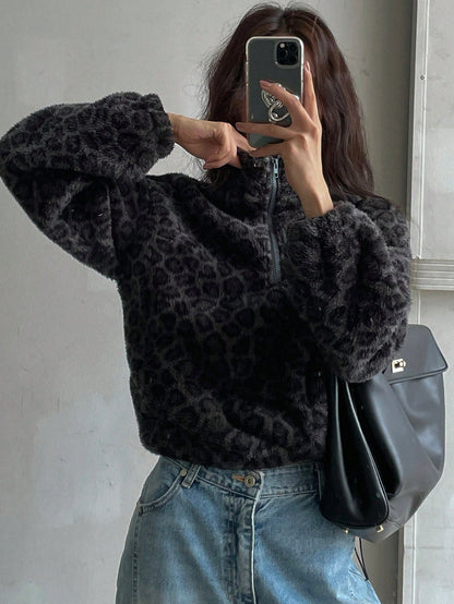 Casual Leopard Print Fleece Hoodie