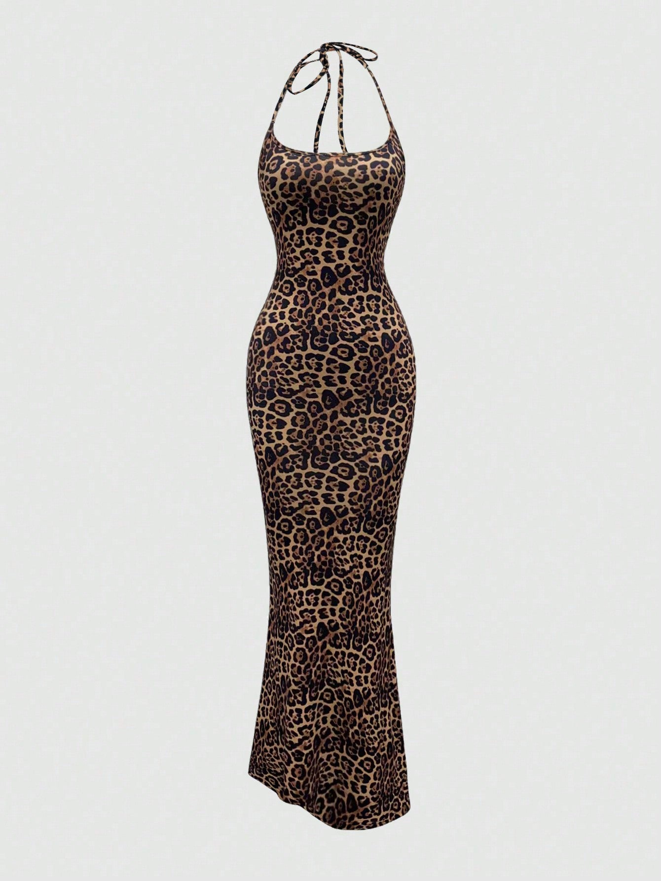 Rust Brown Halter Neck Leopard Print Bodycon Maxi Dress