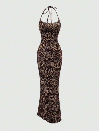Rust Brown Halter Neck Leopard Print Bodycon Maxi Dress