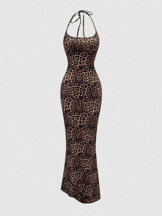 Rust Brown Halter Neck Leopard Print Bodycon Maxi Dress