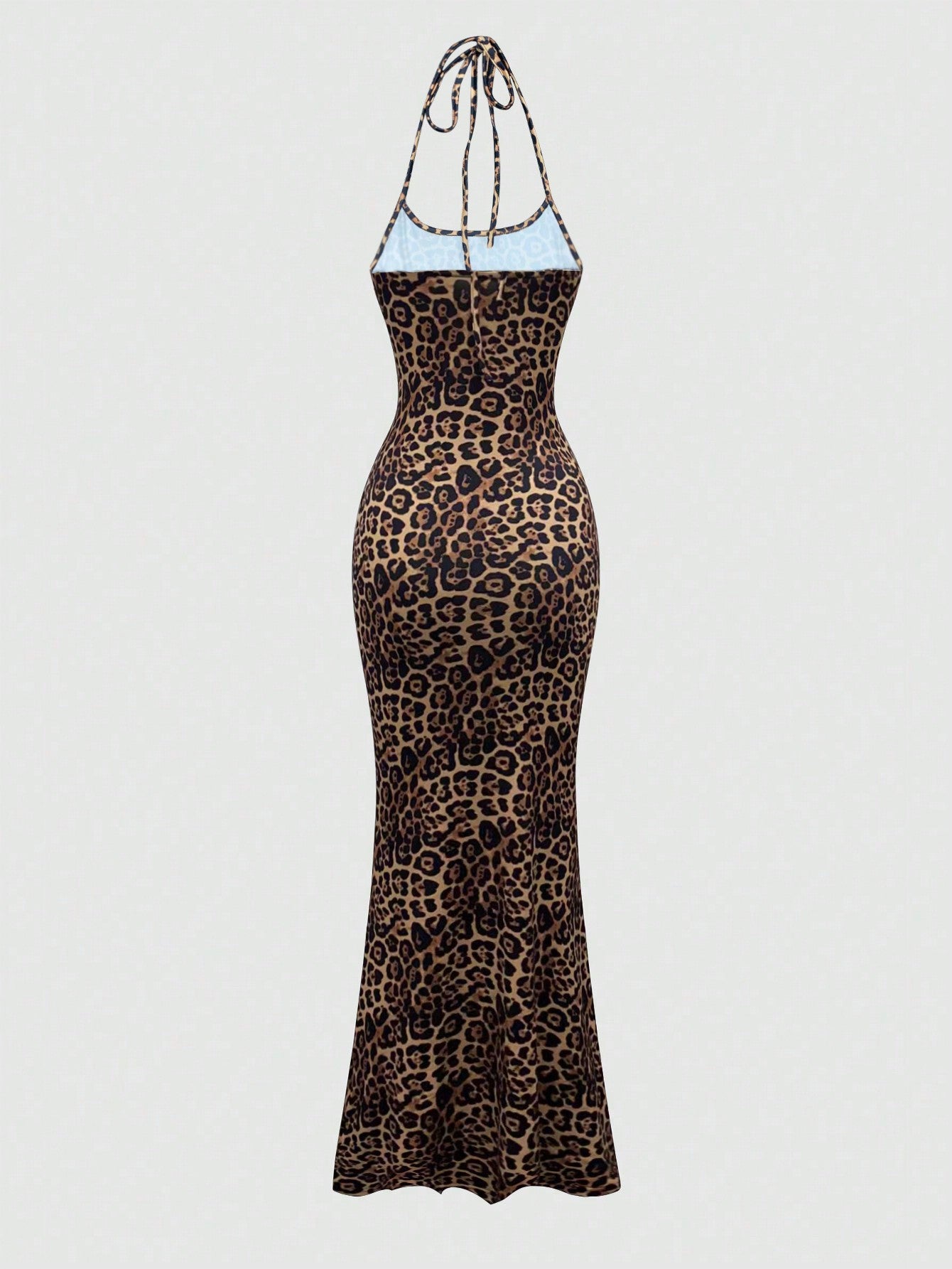Rust Brown Halter Neck Leopard Print Bodycon Maxi Dress