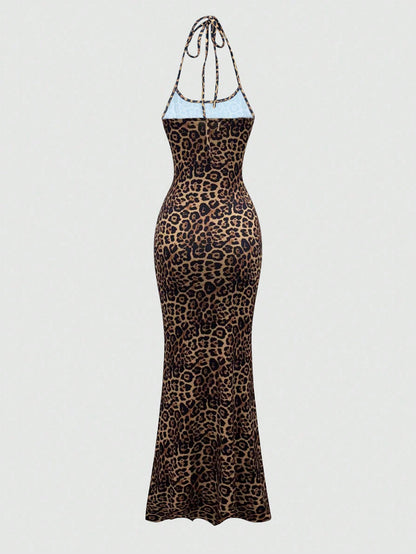 Rust Brown Halter Neck Leopard Print Bodycon Maxi Dress