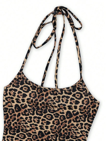 Rust Brown Halter Neck Leopard Print Bodycon Maxi Dress