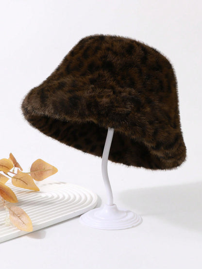Women Leopard Print Fluffy Winter Bucket Hat