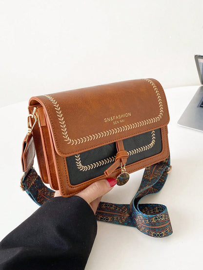 Color Block Small Square Crossbody Bag with Wide Strap