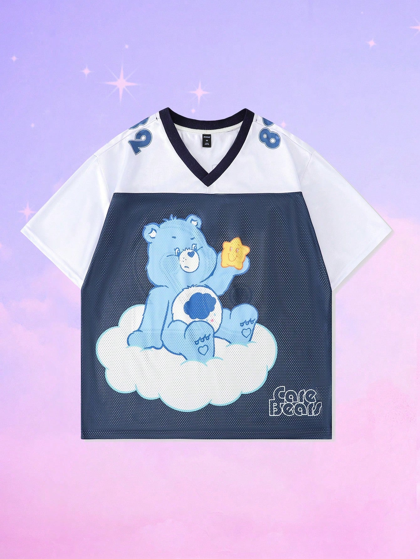 Navy Blue Care Bears Cartoon Print V-Neck Football Jersey
