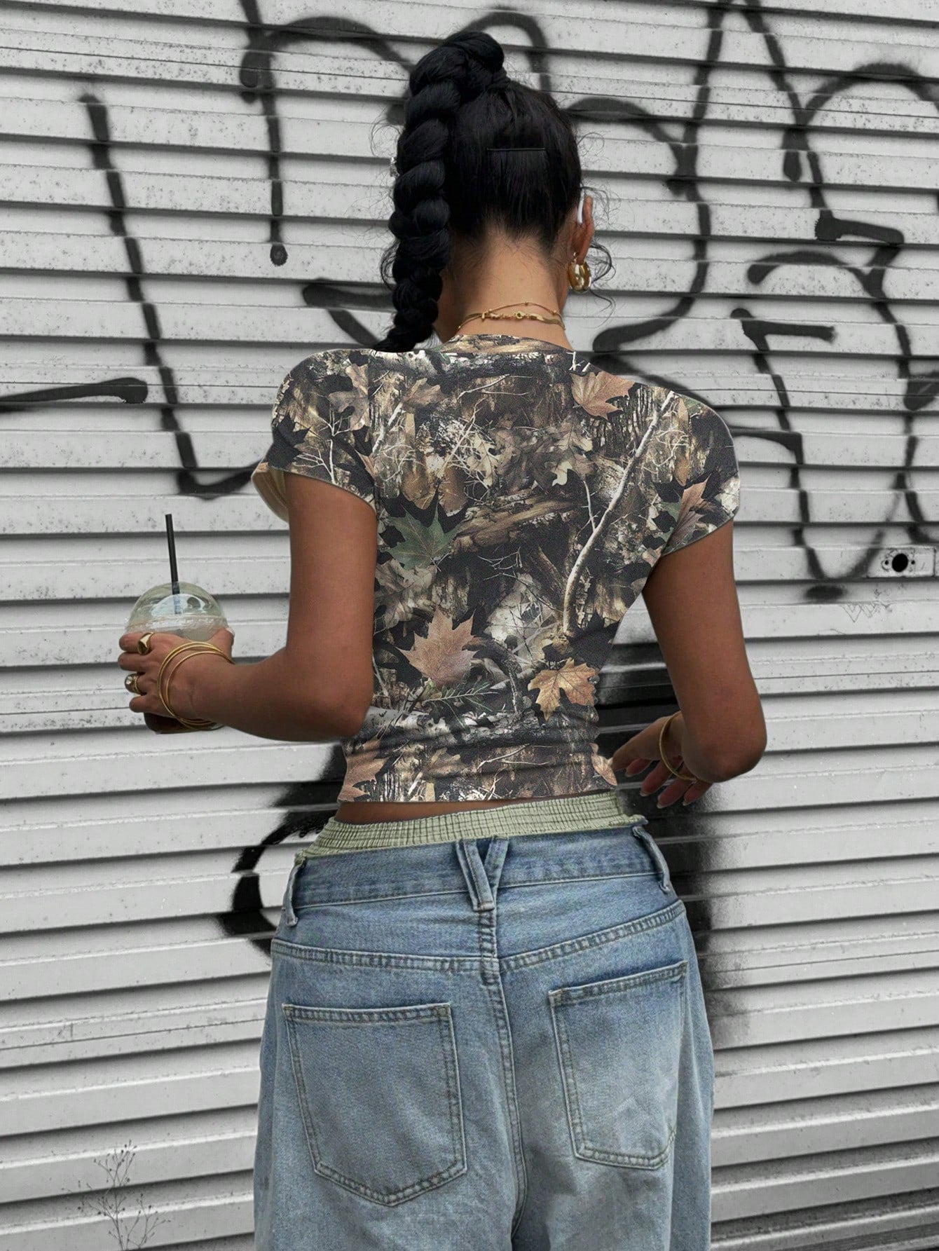 EZwear Camo Branch Print Slogan Crop Top