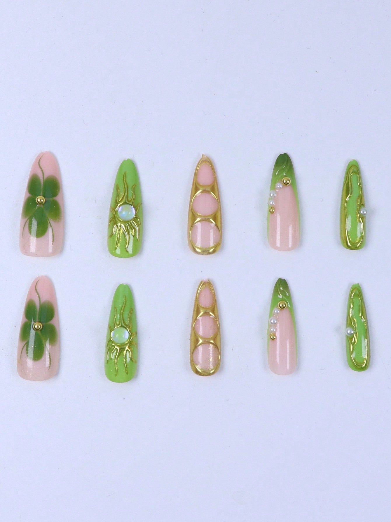 Y2K Gold Flower & Cat-Eye Almond Press-On Nails ( 10pcs )