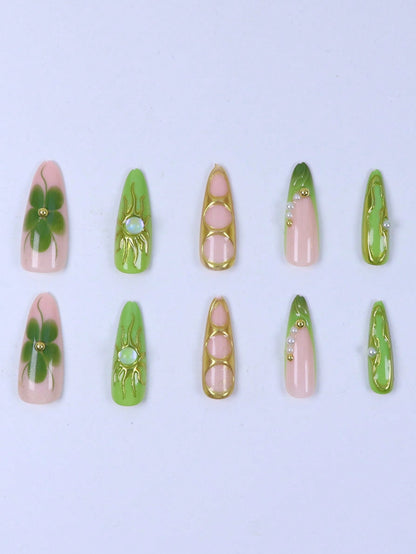Y2K Gold Flower & Cat-Eye Almond Press-On Nails ( 10pcs )