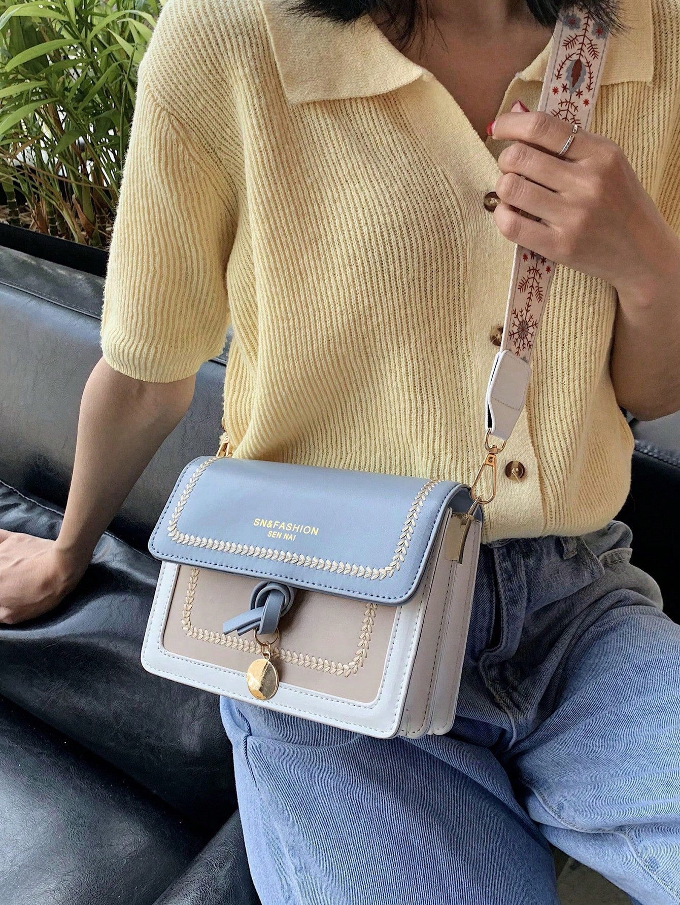 Color Block Small Square Crossbody Bag with Wide Strap