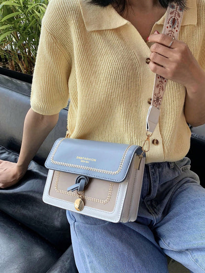 Color Block Small Square Crossbody Bag with Wide Strap