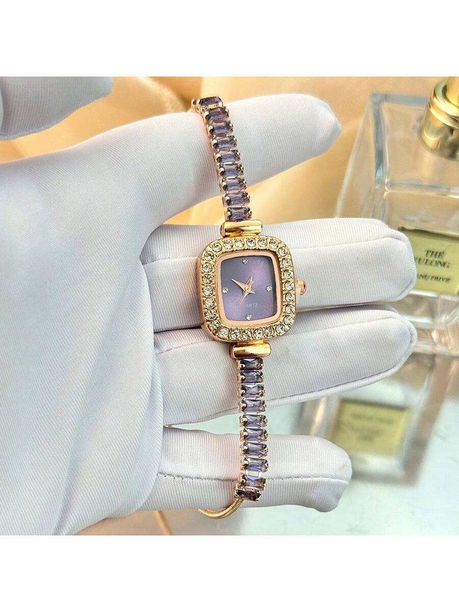Purple Zirconia Inlay Bracelet Watch with Diamond Case