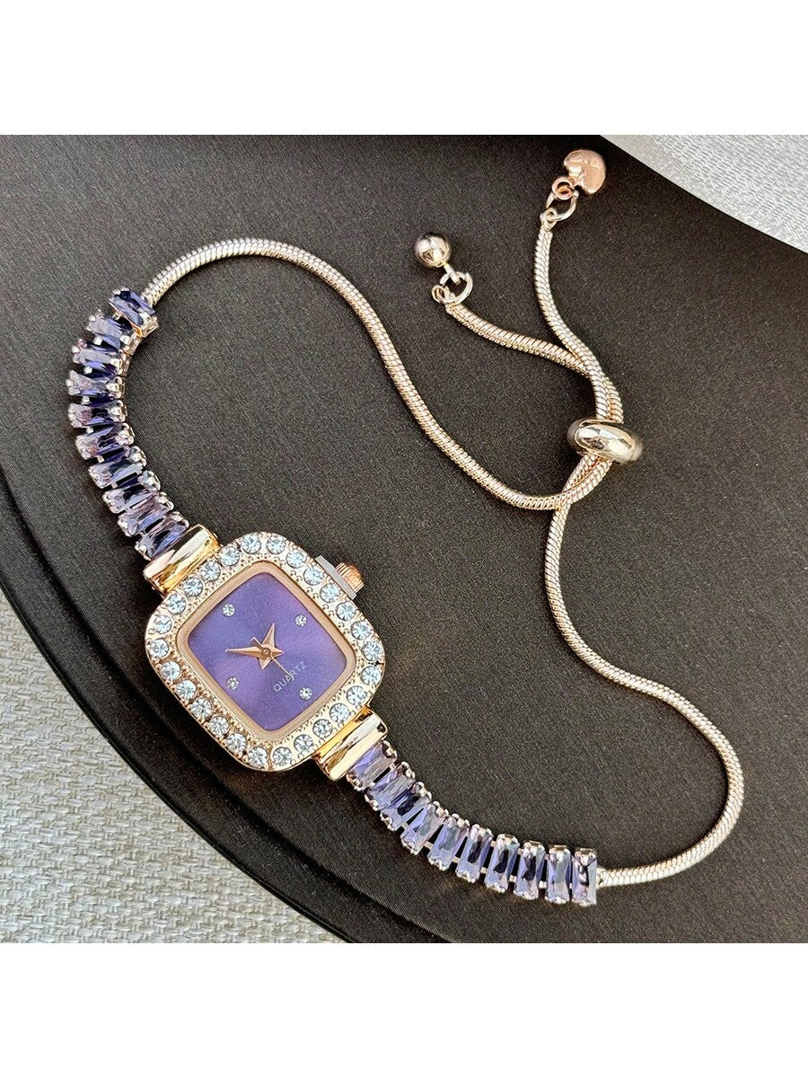 Purple Zirconia Inlay Bracelet Watch with Diamond Case