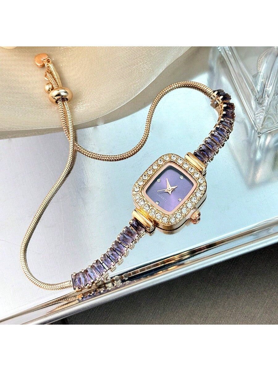 Purple Zirconia Inlay Bracelet Watch with Diamond Case