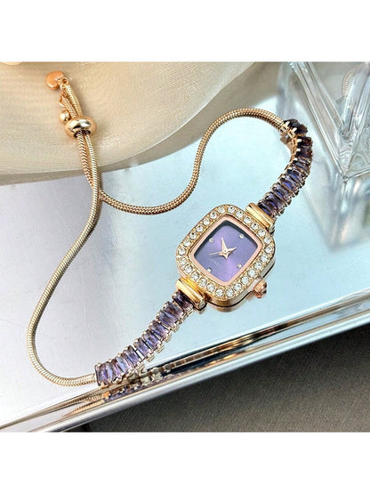 Purple Zirconia Inlay Bracelet Watch with Diamond Case