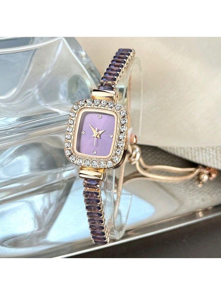 Purple Zirconia Inlay Bracelet Watch with Diamond Case