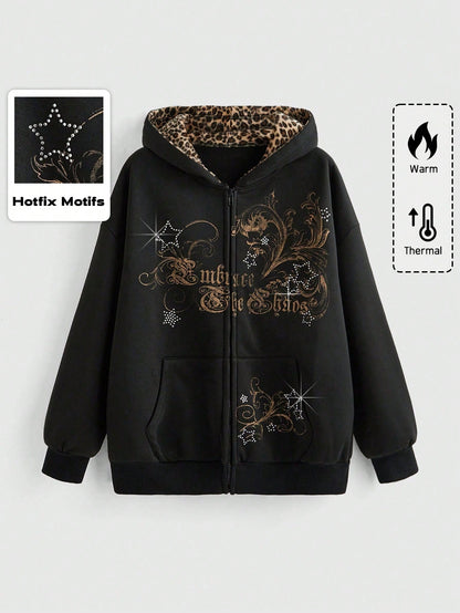 Women's Gothic Y2K Starry Rhinestone Zip Hoodie