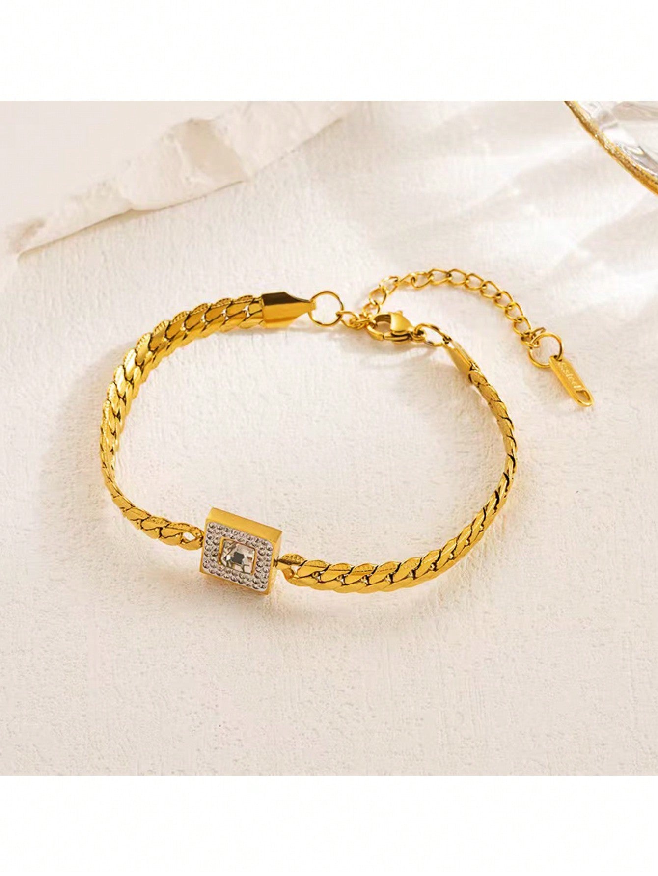 Gold Stainless Steel Geometric CZ Bracelet for Women
