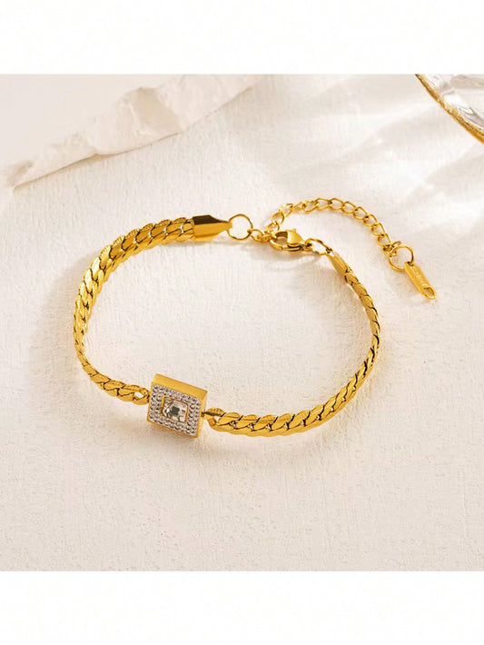 Gold Stainless Steel Geometric CZ Bracelet for Women