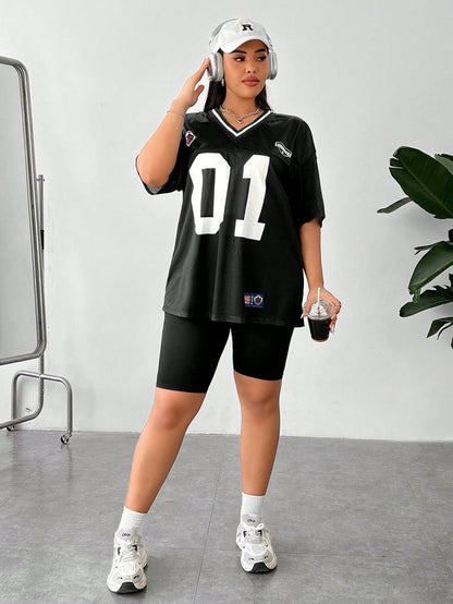 Plus Size Women's Black Sports-Inspired Lucky Number Jersey