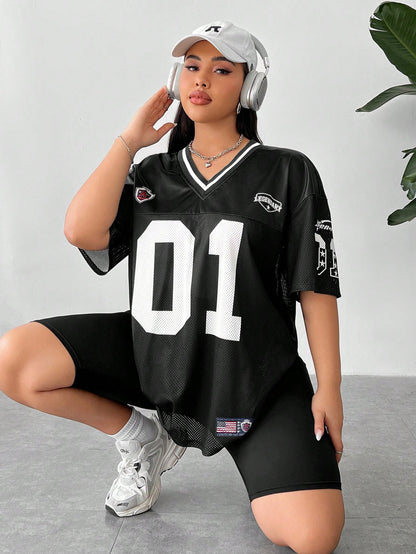 Plus Size Women's Black Sports-Inspired Lucky Number Jersey