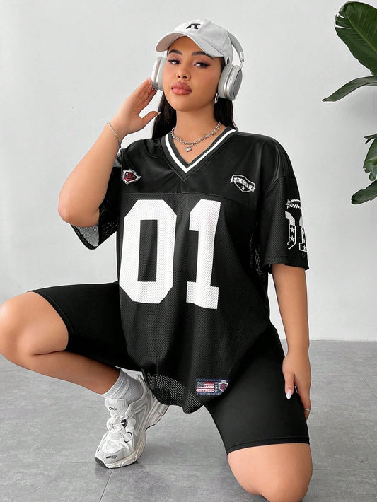 Plus Size Women's Black Sports-Inspired Lucky Number Jersey