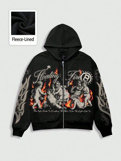 Men's Graphic Letter & Figure Print Y2K Zip Hoodie