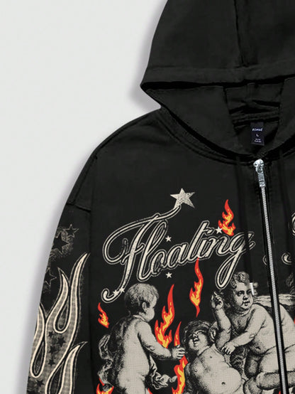 Men's Graphic Letter & Figure Print Y2K Zip Hoodie