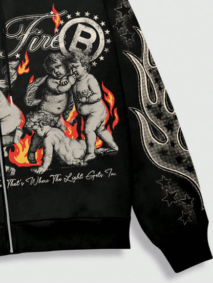 Men's Graphic Letter & Figure Print Y2K Zip Hoodie