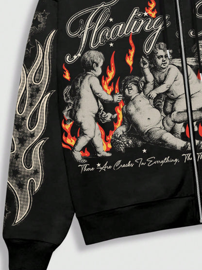 Men's Graphic Letter & Figure Print Y2K Zip Hoodie