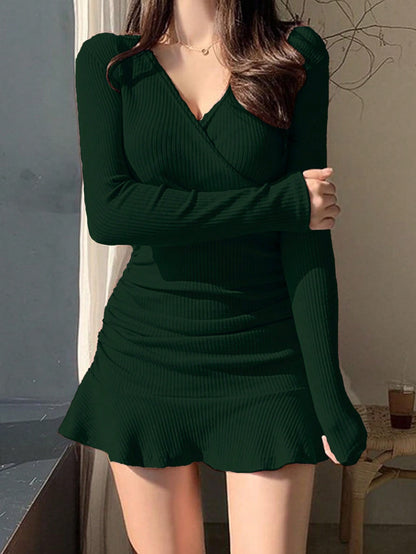 Women's Elegant Dark Green V-Neck Bodycon Mini Dress