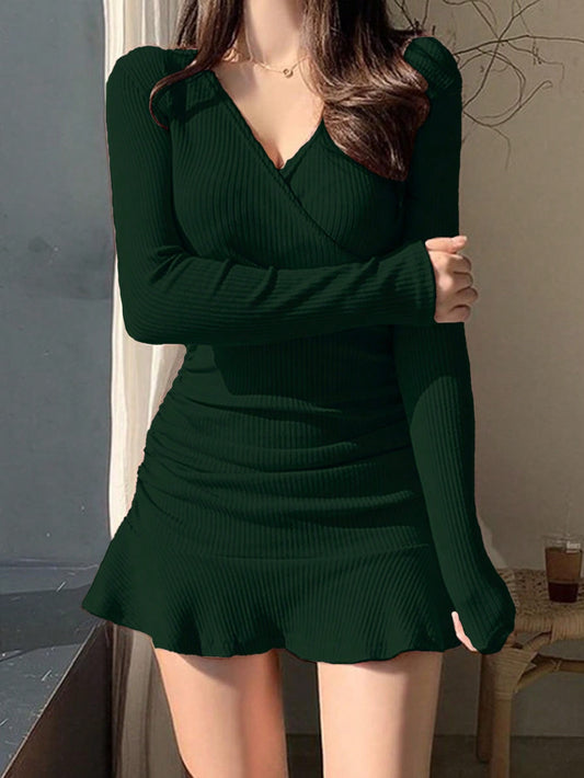 Women's Elegant Dark Green V-Neck Bodycon Mini Dress