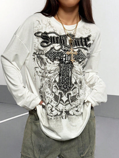 Women Gothic Print Thin Long Sleeve T-Shirt