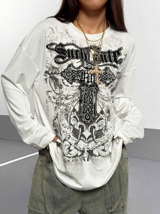 Women Gothic Print Loose Dark Streetwear Tee