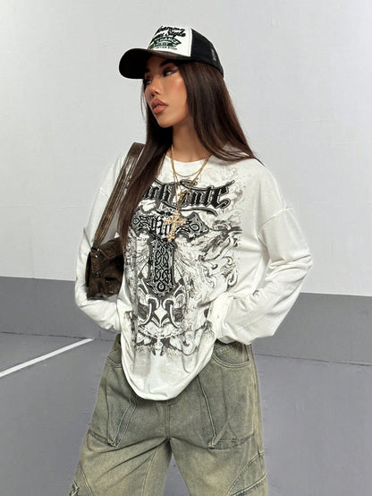 Women Gothic Print Thin Long Sleeve T-Shirt