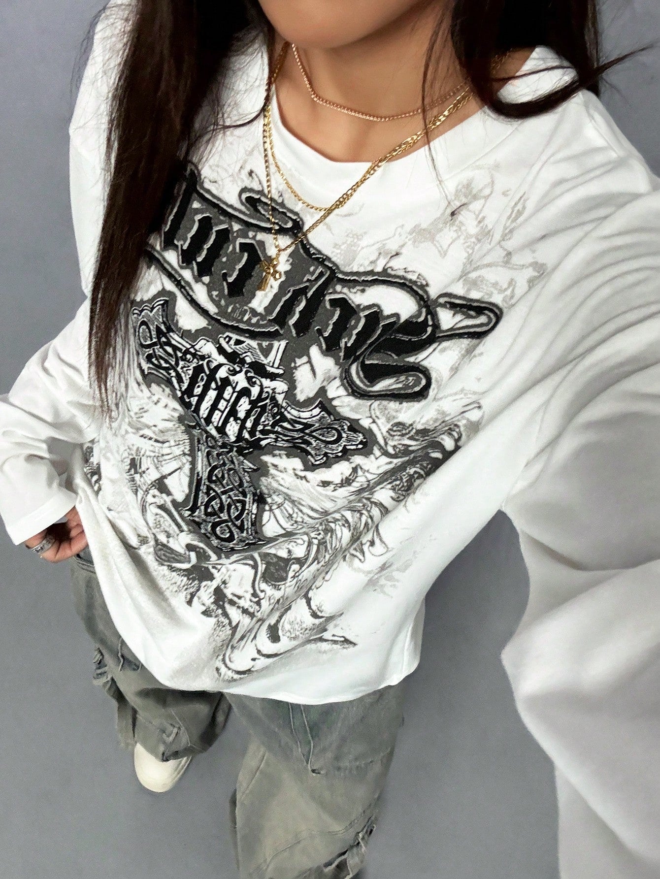 Women Gothic Print Thin Long Sleeve T-Shirt