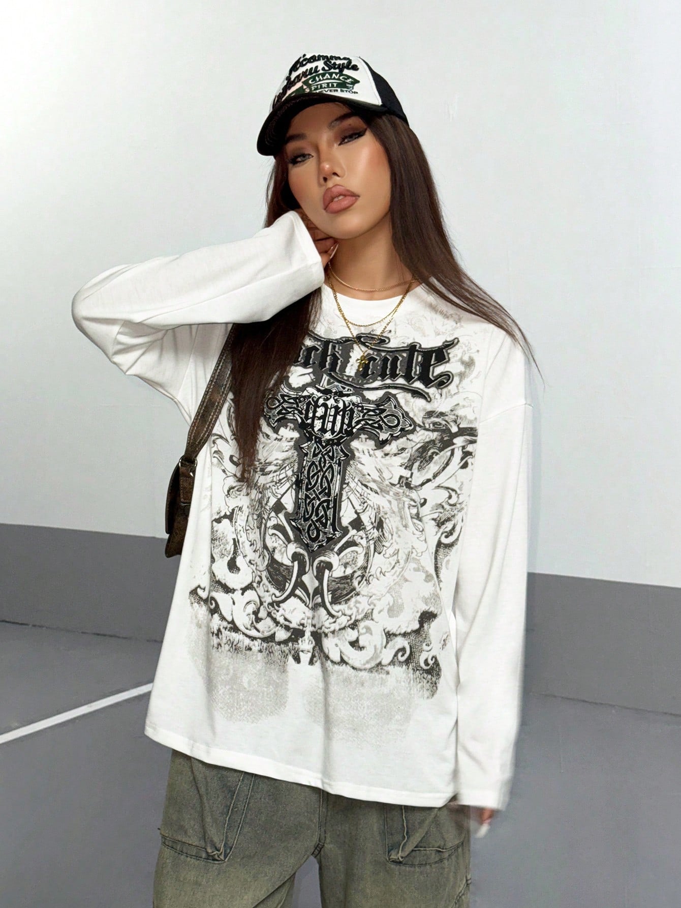 Women Gothic Print Thin Long Sleeve T-Shirt