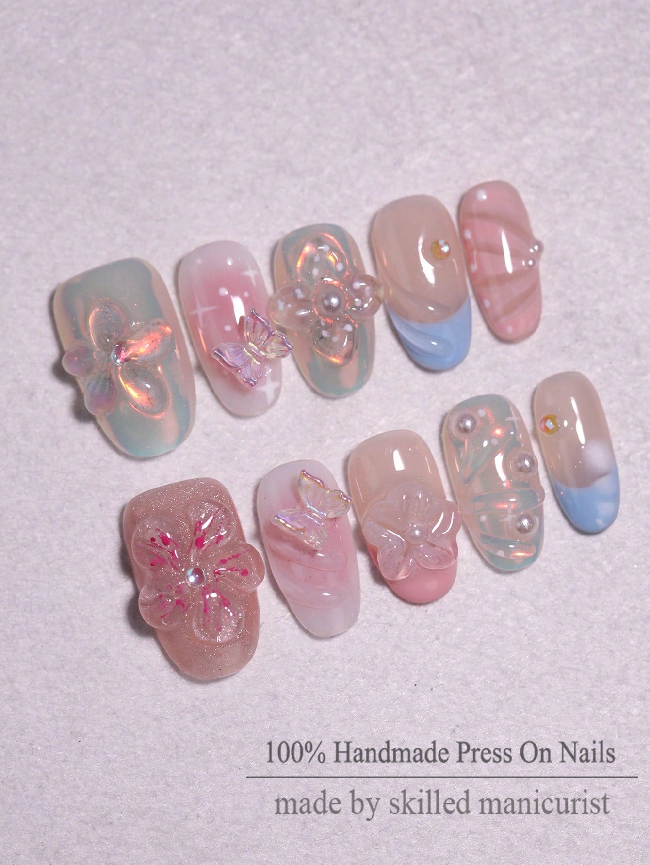 10pcs Handmade 3D Flower & Bow Short Oval Press-On Nails