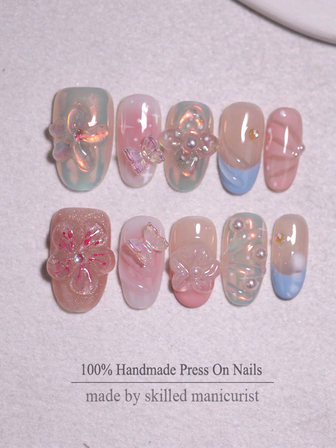 10pcs Handmade 3D Flower & Bow Short Oval Press-On Nails