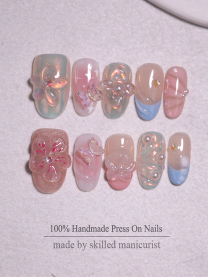 10pcs Handmade 3D Flower & Bow Short Oval Press-On Nails