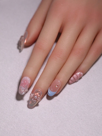 10pcs Handmade 3D Flower & Bow Short Oval Press-On Nails