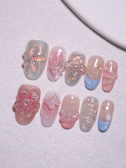 10pcs Handmade 3D Flower & Bow Short Oval Press-On Nails