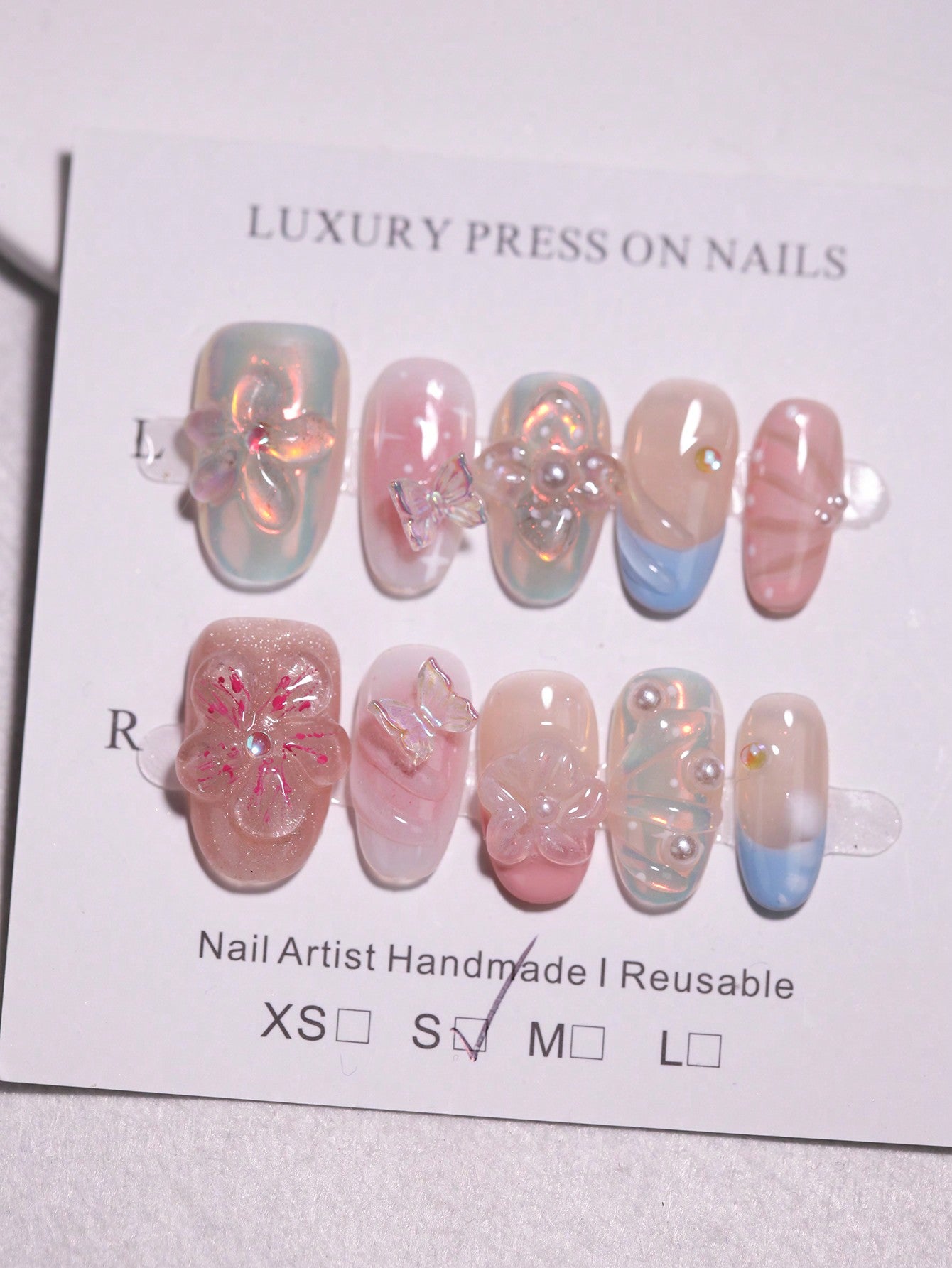 10pcs Handmade 3D Flower & Bow Short Oval Press-On Nails