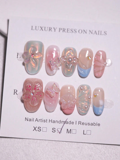 10pcs Handmade 3D Flower & Bow Short Oval Press-On Nails