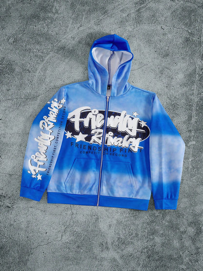 Tie-Dye Slogan Print Quarter-Zip Pocket Hoodie